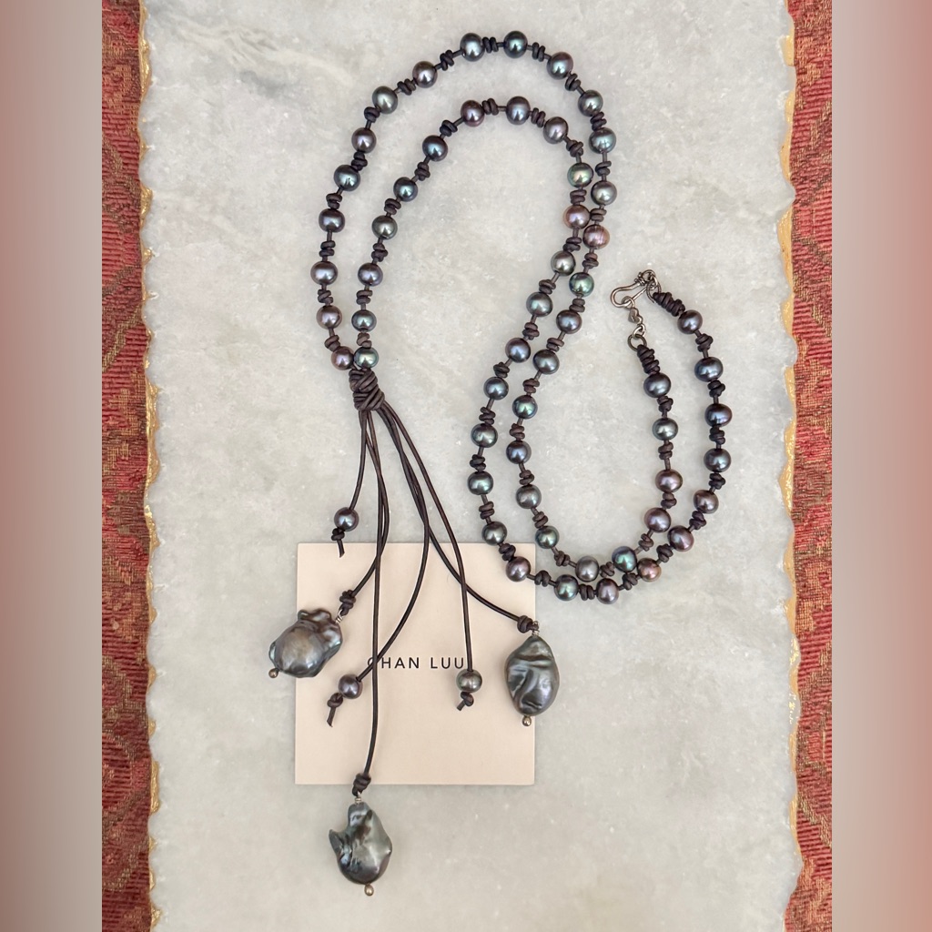 $315 New Chan Luu Peacock Pearl/Black Leather W Baroque Details Necklace ~Boho
